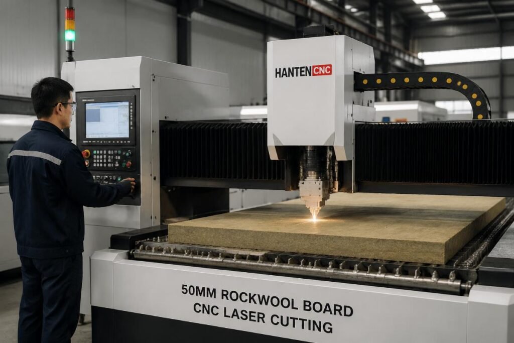 A technician adjusts a CNC cutting machine processing 50mm thick rockwool board in a clean production facility