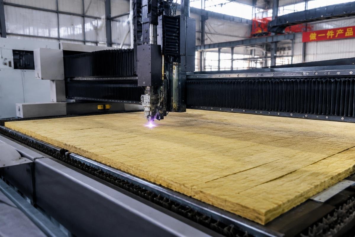 Large format insulation CNC cutting machine at full production capacity Large format CNC cutting machine processing full sheets of insulation material in a production facility