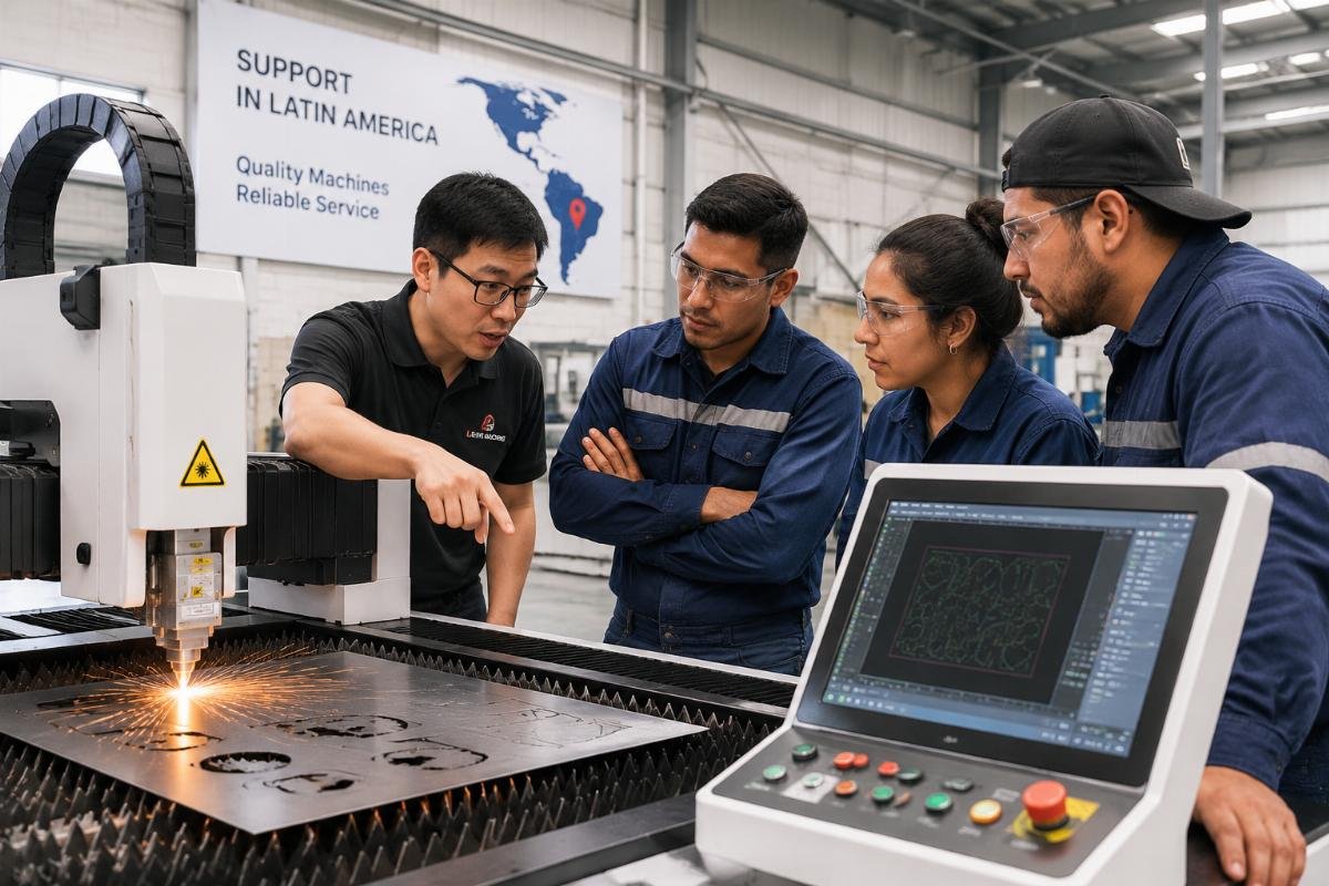 A Spanish-speaking technician training factory staff on CNC machine operation in Colombia