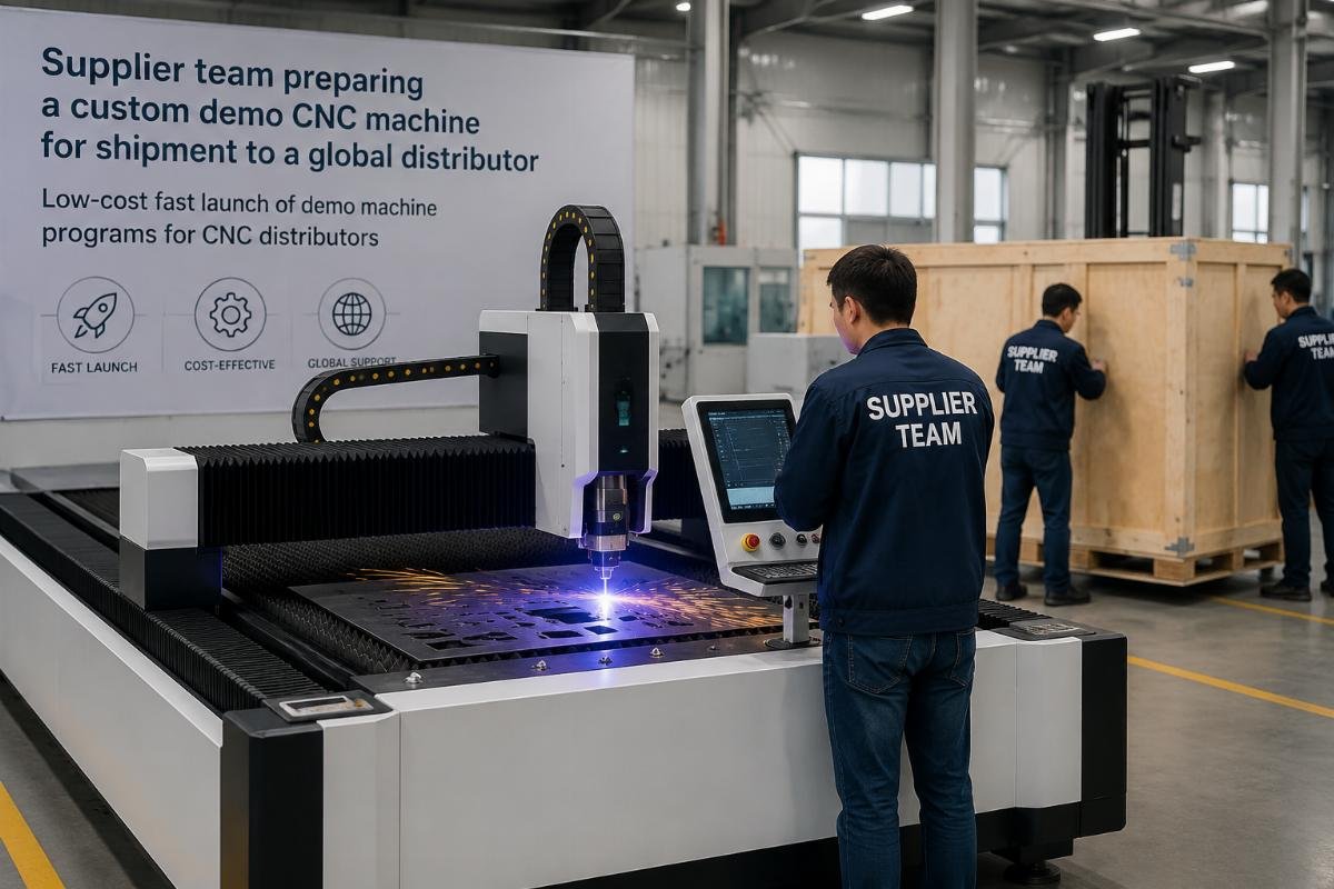 Low-cost fast launch of demo machine programs for CNC distributors Supplier team preparing a custom demo CNC machine for shipment to a global distributor