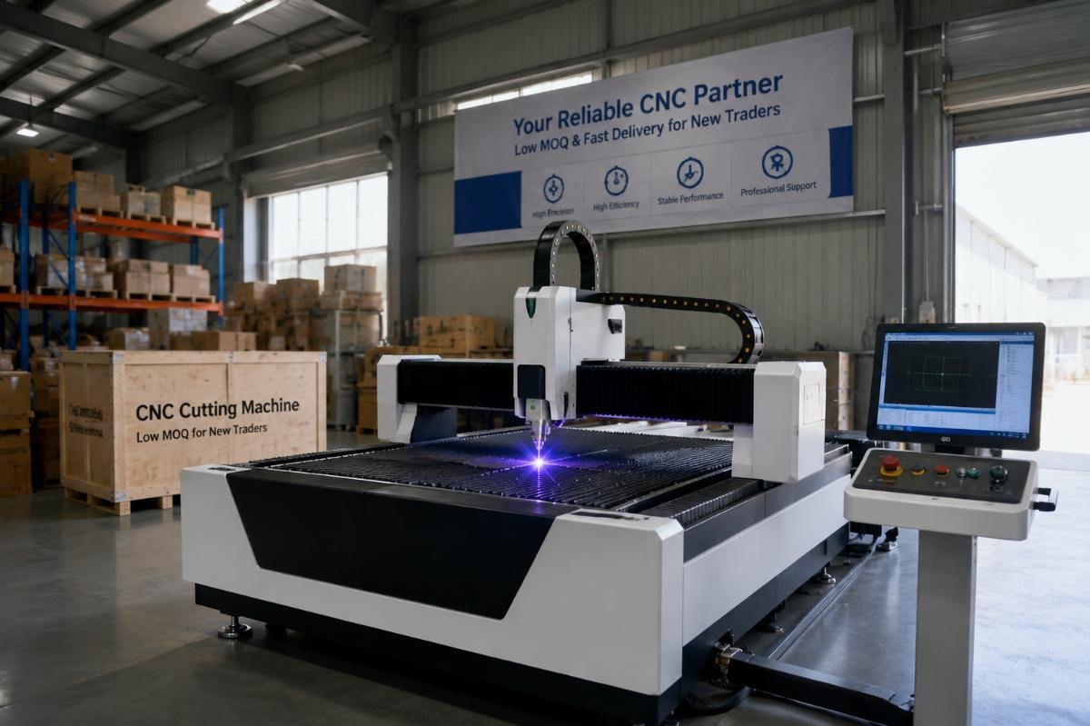 low MOQ CNC equipment inventory for new traders Trader's initial inventory of single custom CNC cutting machine in a small warehouse