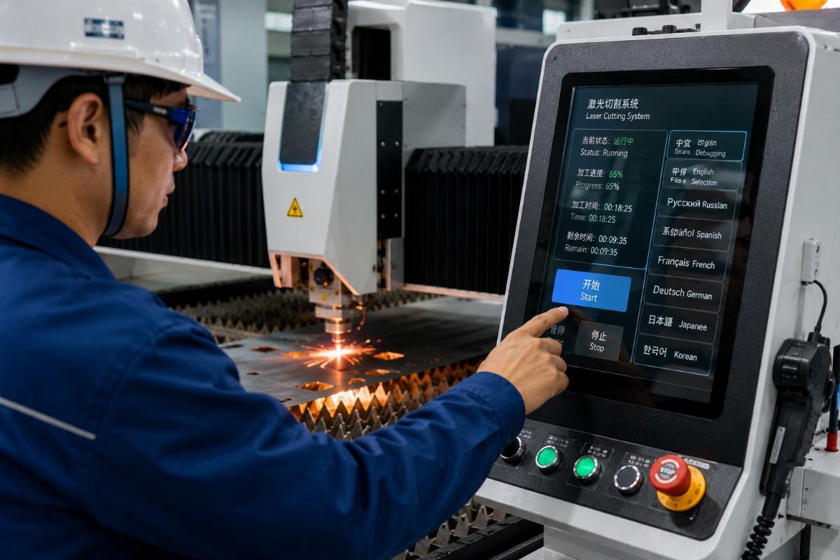 Line workers operating a CNC cutting machine with multi-language touchscreen interface