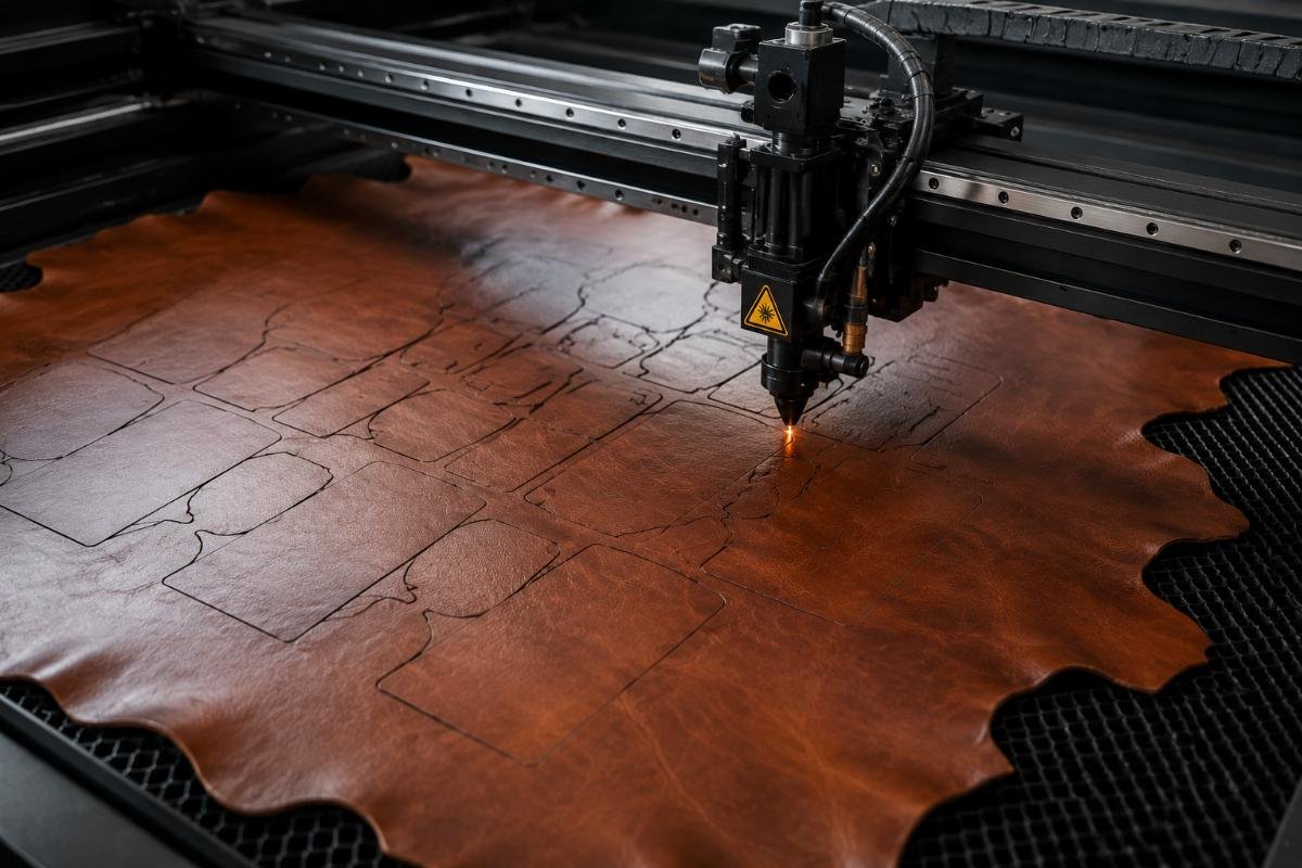 Low waste CNC cutting for full grain leather A leather hide showing optimized nesting cuts that minimize material waste