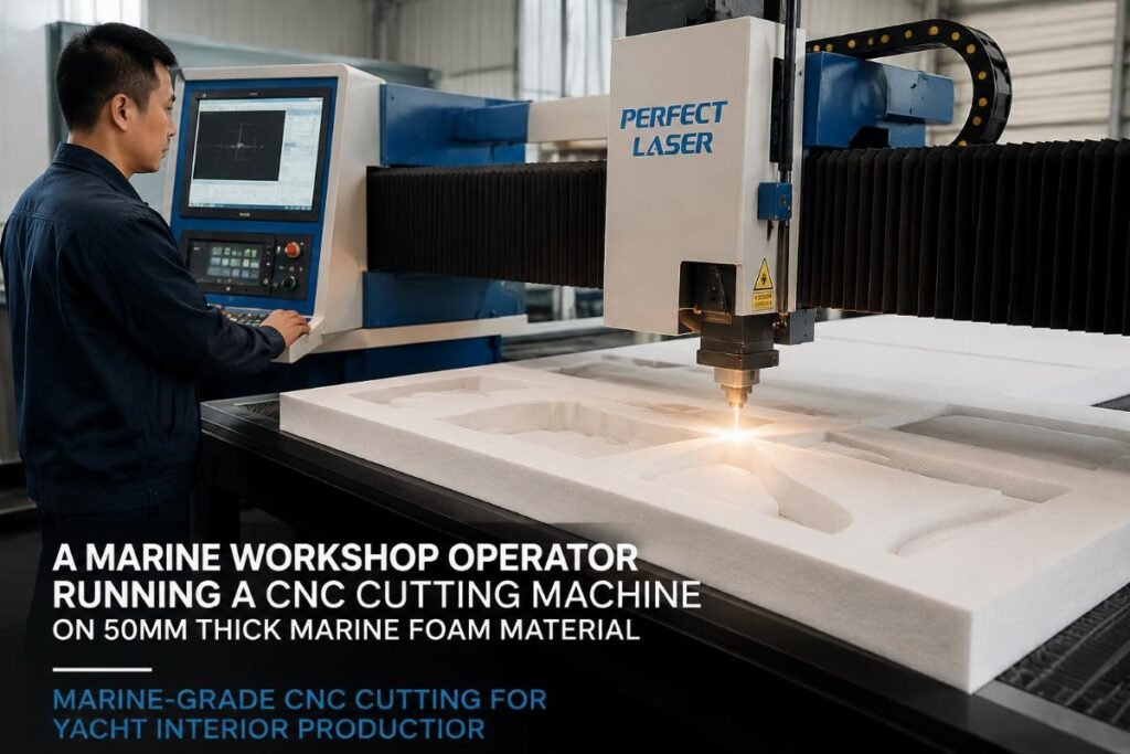 A marine workshop operator running a CNC cutting machine on 50mm thick marine foam material