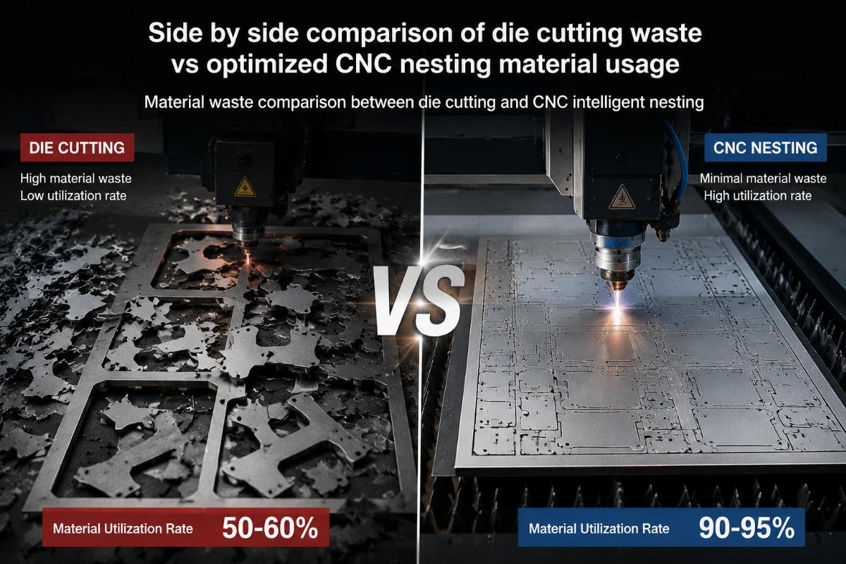 Material waste comparison between die cutting and CNC intelligent nesting Side by side comparison of die cutting waste vs optimized CNC nesting material usage