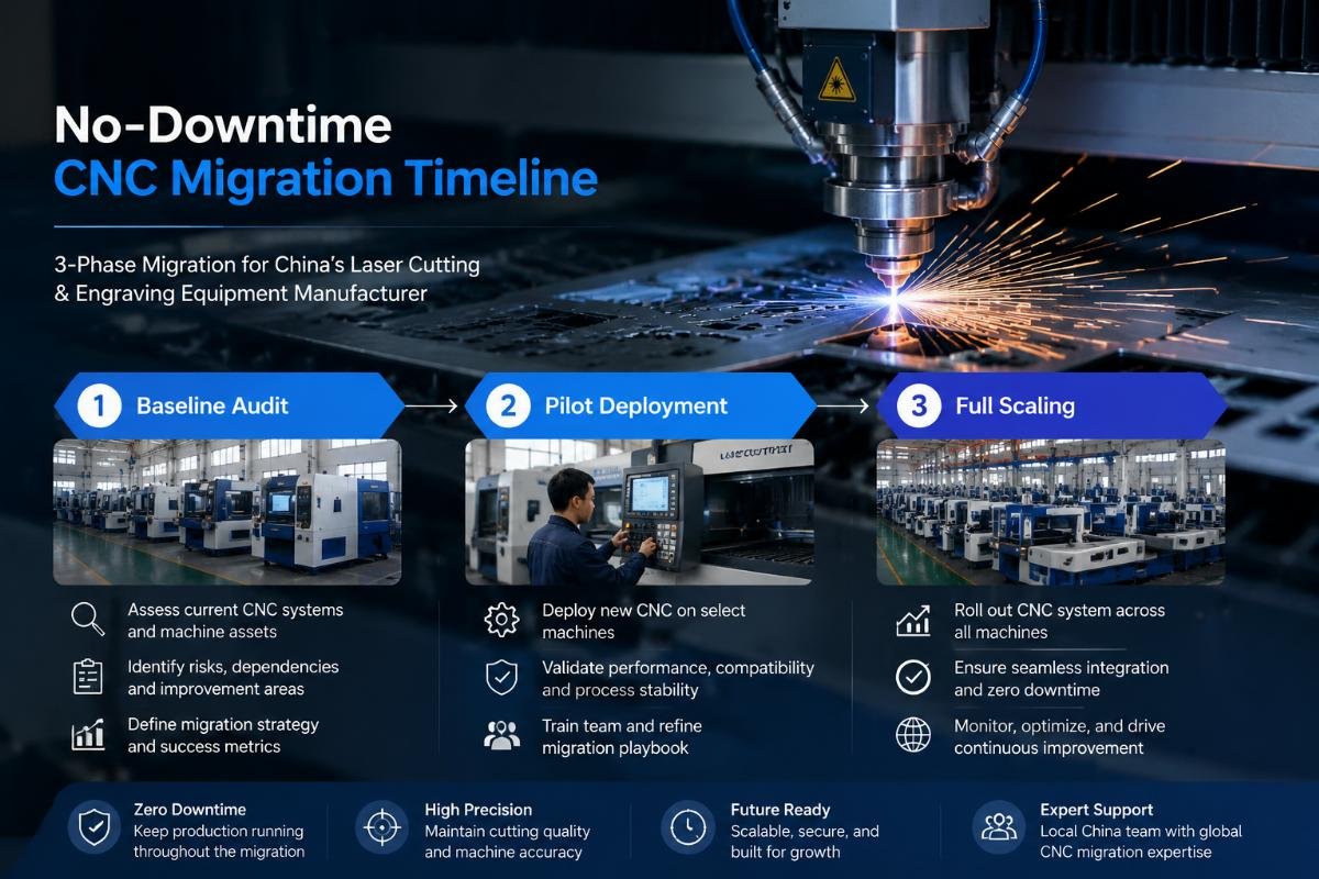 3-phase migration timeline infographic showing baseline audit, pilot deployment and full scaling stages