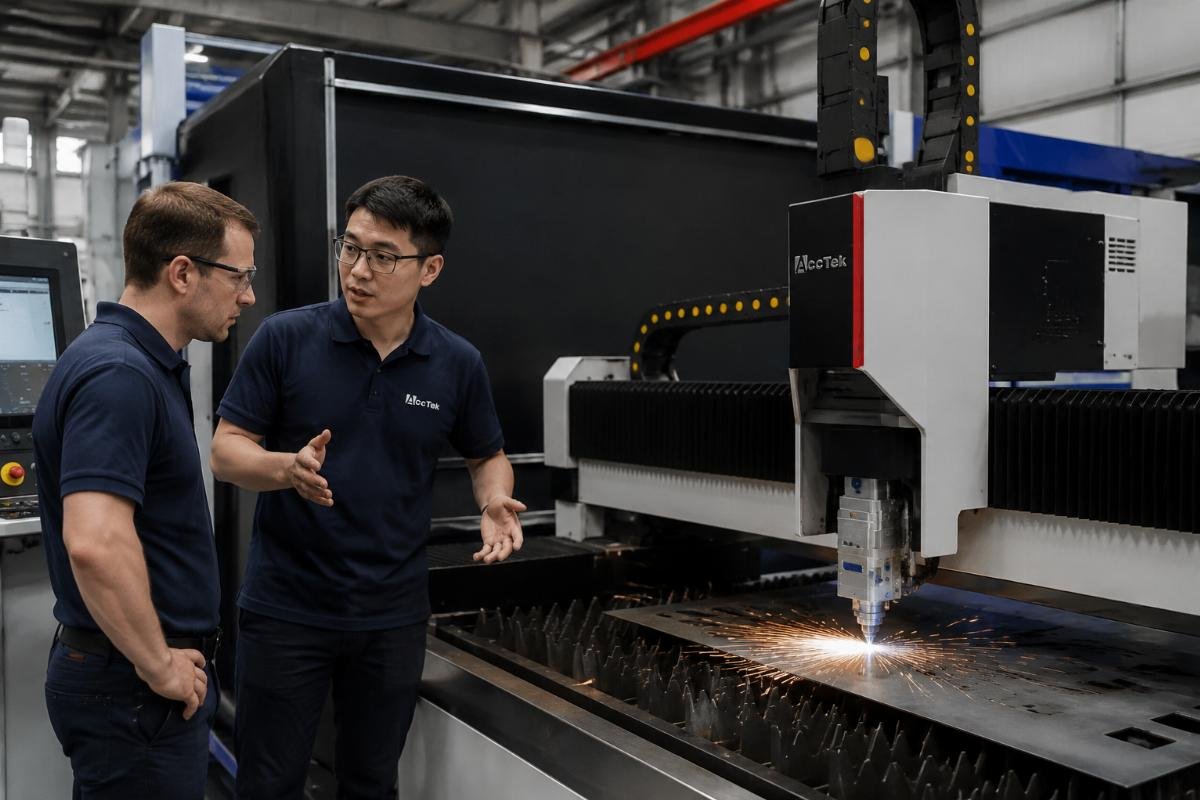 Field service engineer conducting on-site installation and training for a CNC cutting machine at a European aerospace facility