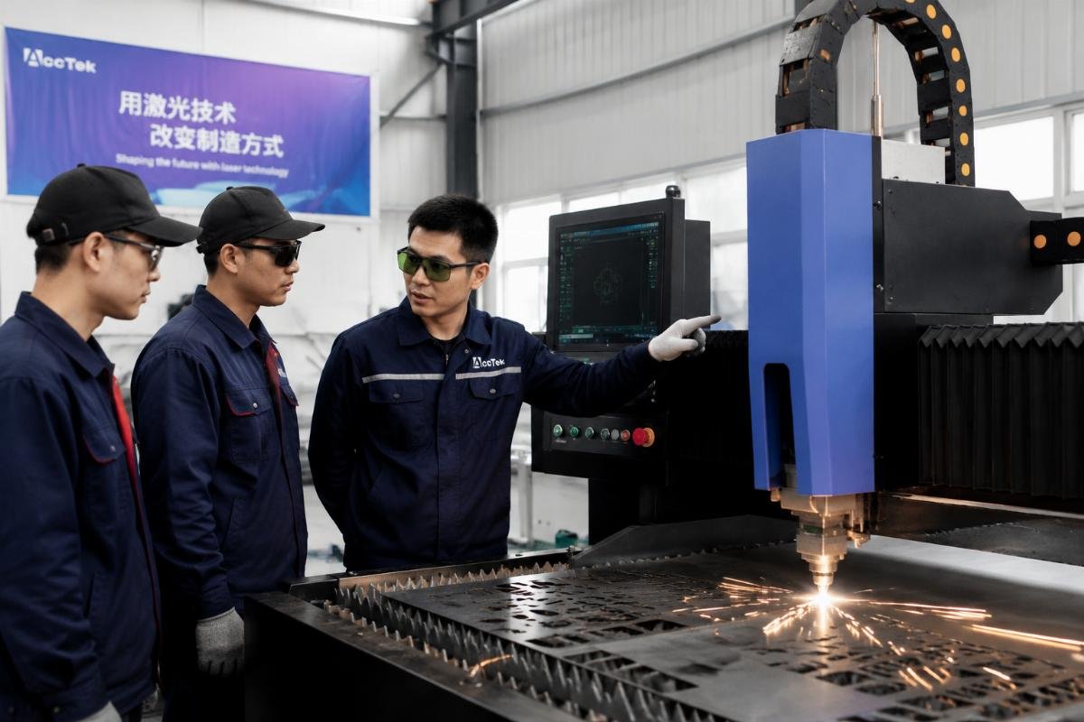 On-site training for insulation CNC cutting machine operators Technician leading on-site operator training for a CNC cutting machine in a contractor's workshop