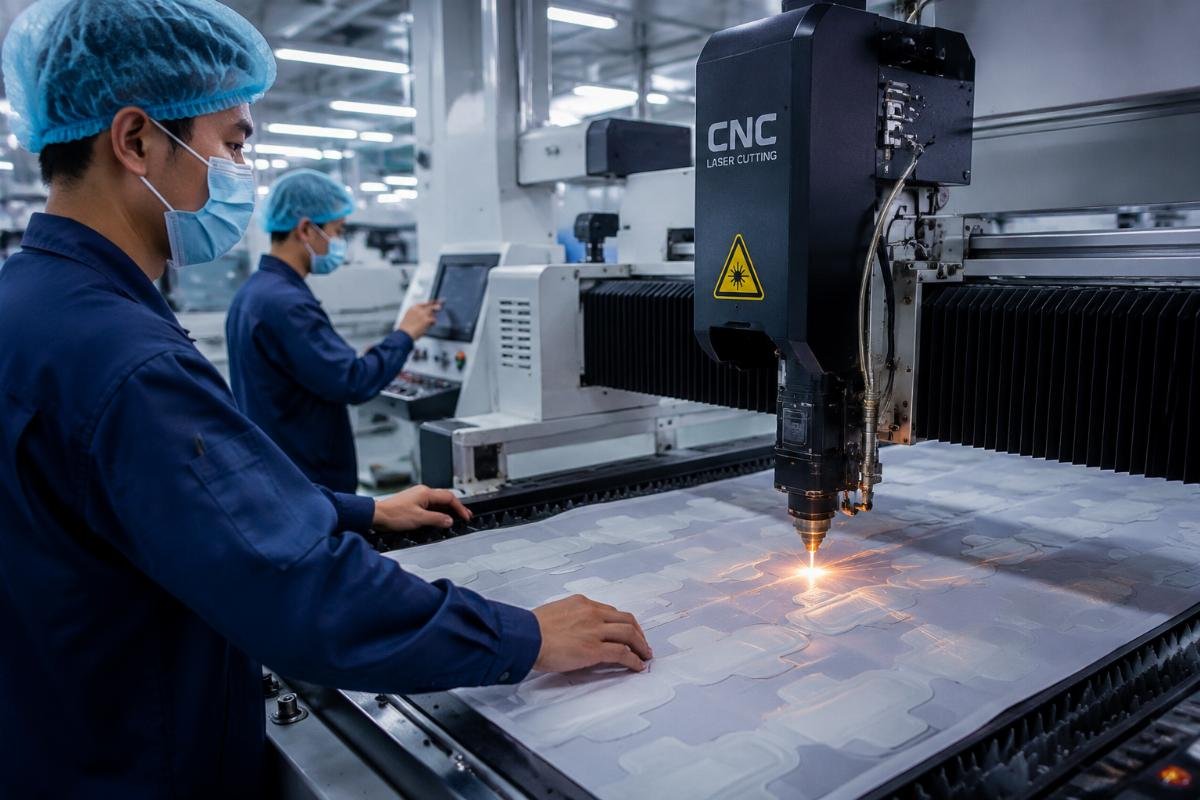 Workers operating a CNC cutting machine on a sanitary product production line