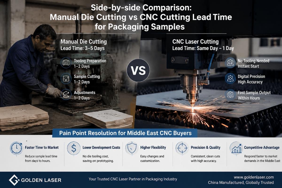 Side-by-side comparison of manual die cutting vs CNC cutting lead time for packaging samples