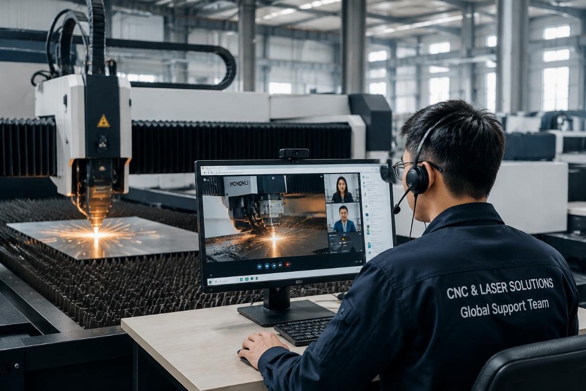 A client service team providing remote support for CNC cutting machine operators