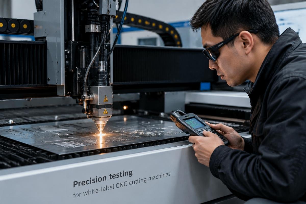 A technician conducting precision testing on a CNC cutting machine