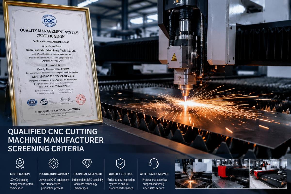 Qualified CNC cutting machine manufacturer screening criteria A manufacturer quality certification document displayed alongside a CNC cutting machine production line