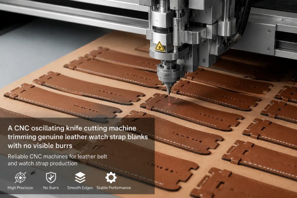 A CNC oscillating knife cutting machine trimming genuine leather watch strap blanks with no visible burrs