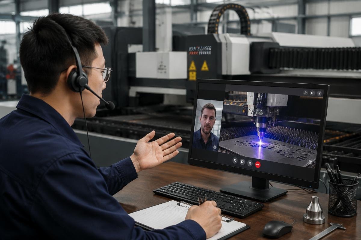 Remote technical support for insulation CNC cutting machines Support team member responding to a technical query via remote video call for a CNC cutting machine