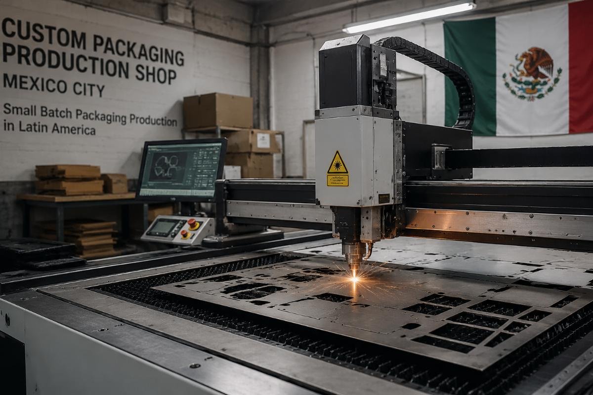 A small custom packaging production shop in Mexico City operating a CNC cutting machine