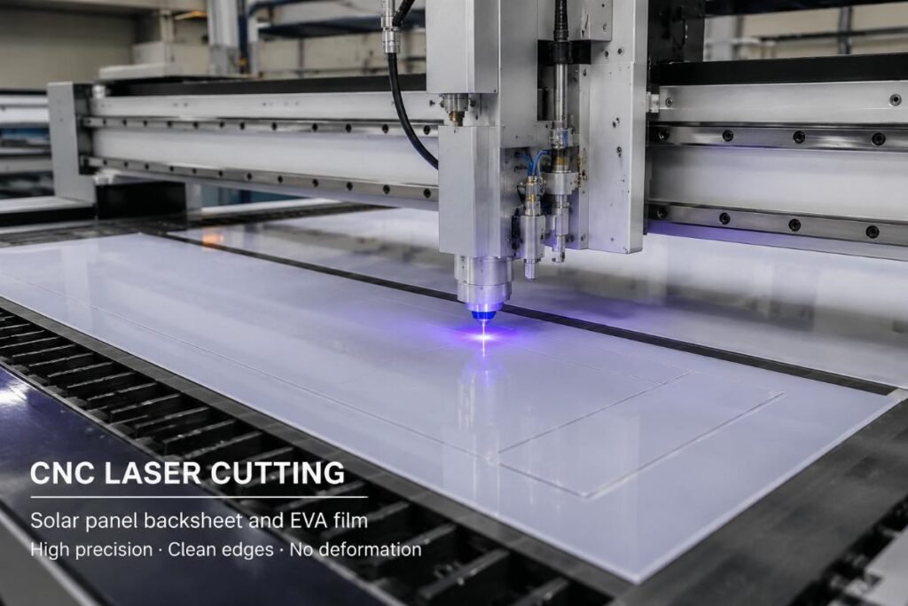 Production line processing solar panel backsheet and EVA film with CNC cutting equipment