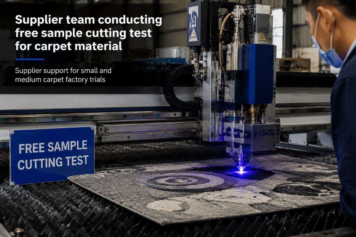 Supplier support for small and medium carpet factory trials Supplier team conducting free sample cutting test for carpet material on a CNC cutting machine