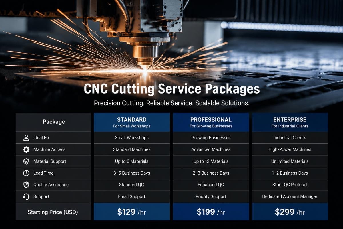 Tiered CNC cutting service package pricing for different client segments Pricing table for tiered CNC cutting machine service packages for industrial clients
