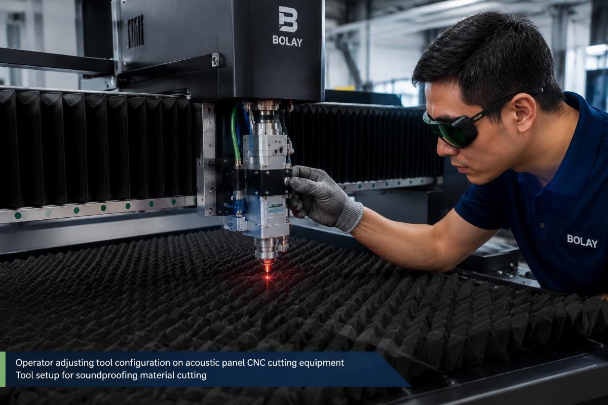 Tool setup for soundproofing material cutting Operator adjusting tool configuration on acoustic panel CNC cutting equipment