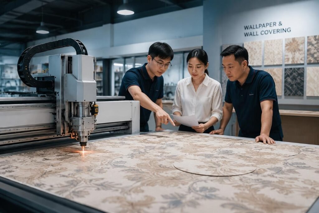Interior design team testing wallpaper cutting results with a purpose-built CNC oscillating knife machine
