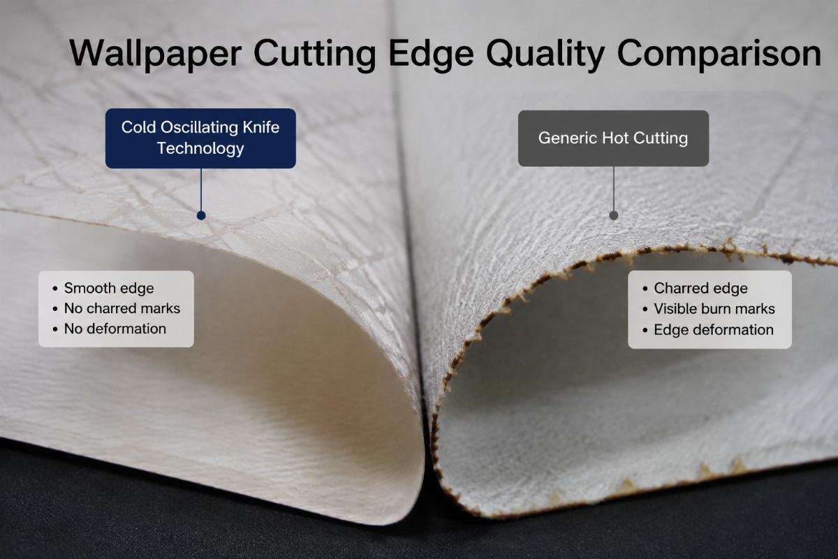 Wallpaper cutting edge quality comparison Close-up comparison of wallpaper edges cut with cold oscillating knife technology vs generic hot cutting