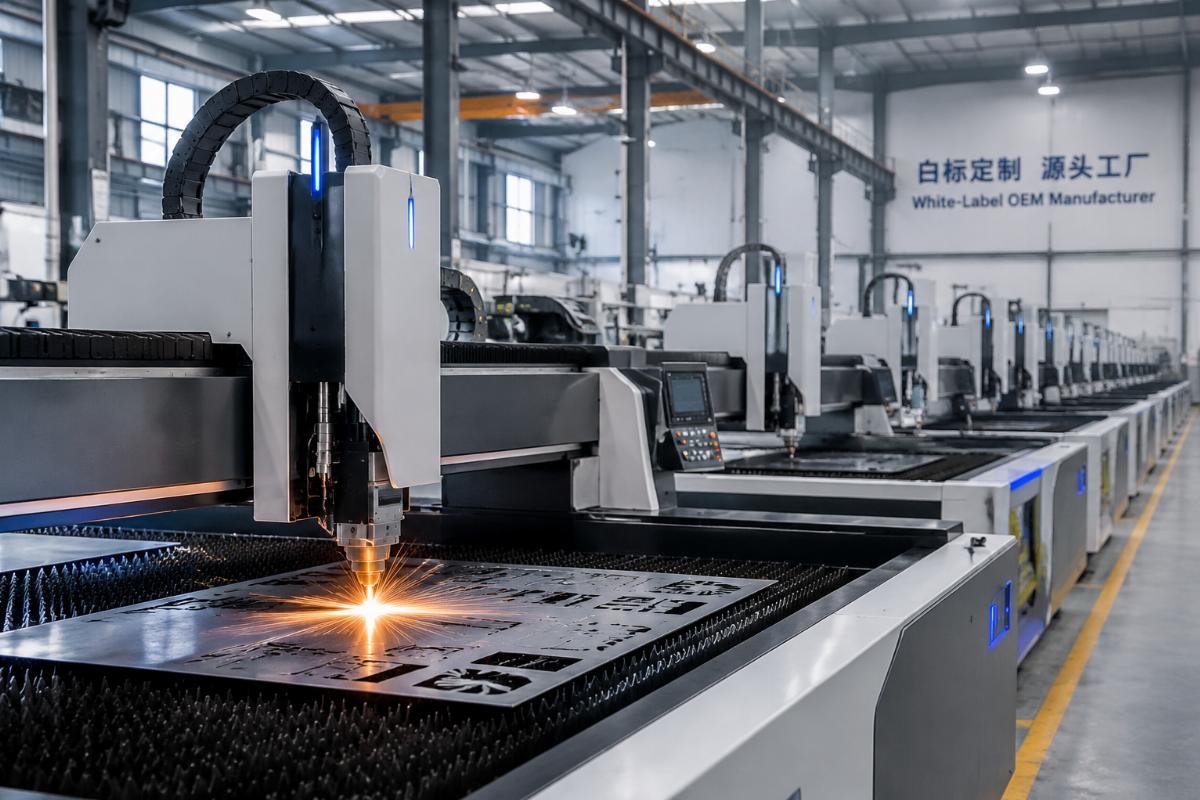 A warehouse of white-label CNC cutting machines ready for OEM branding and shipment